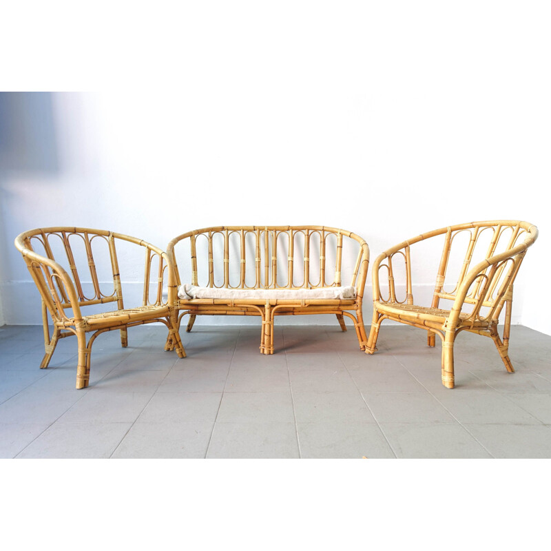 Ensemble de salon vintage en bambou, canapé 2 places et deux fauteuils 1960