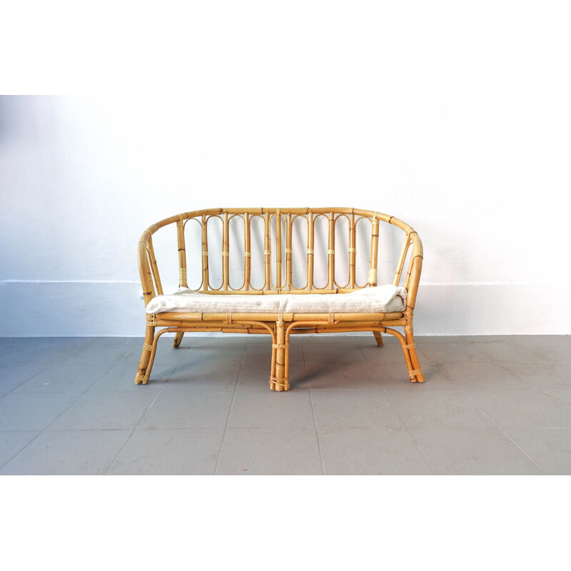 Mid-century Bamboo Living Room Set, two seat sofa and 2 armchairs, 1960s