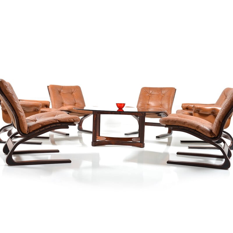 Rybo Rykken Furniture & Co living room set in rosewood, leather and glass, Elsa & Nordahl SOLHEIM - 1970s