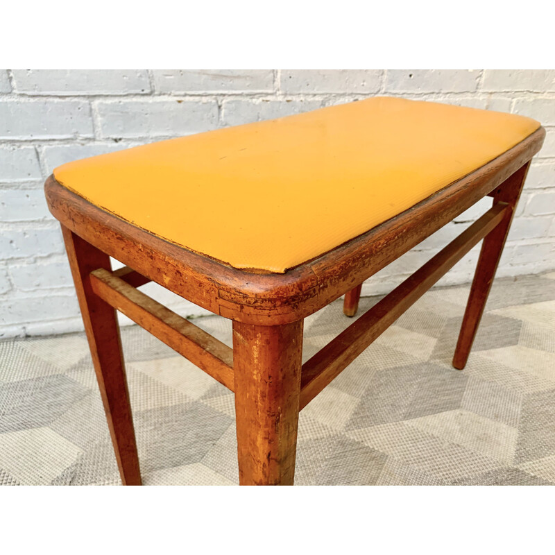 Vintage Wooden Stool Yellow Vinyl