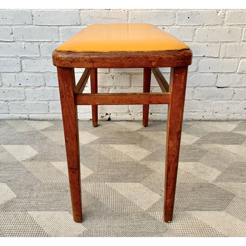 Vintage Wooden Stool Yellow Vinyl