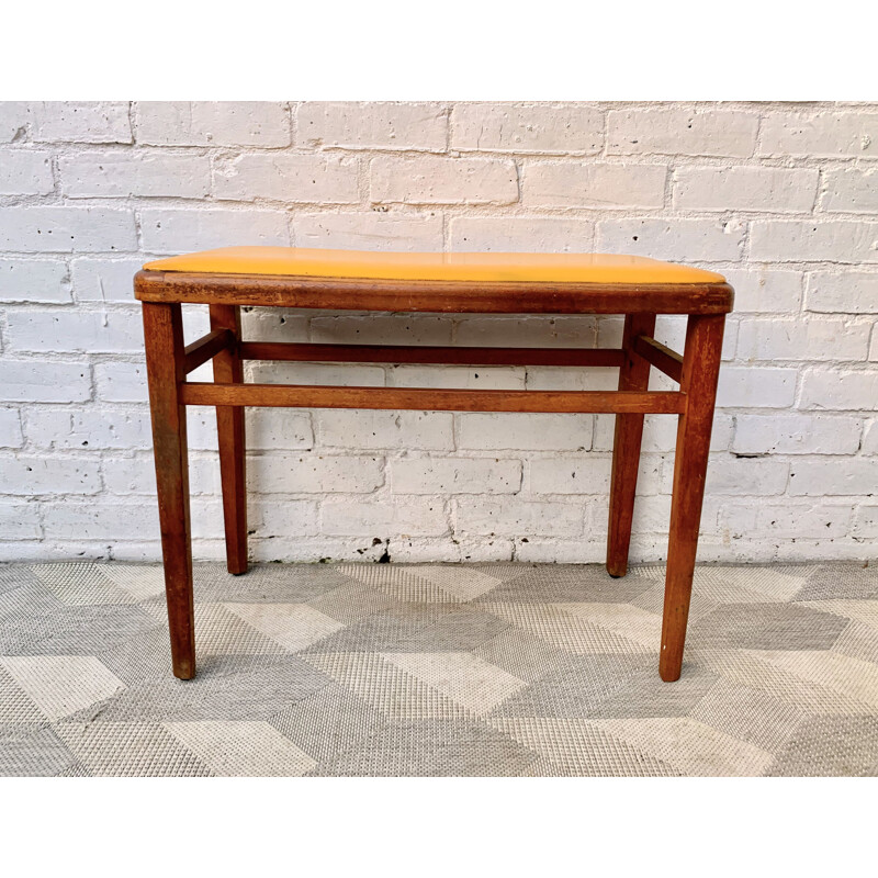 Vintage Wooden Stool Yellow Vinyl