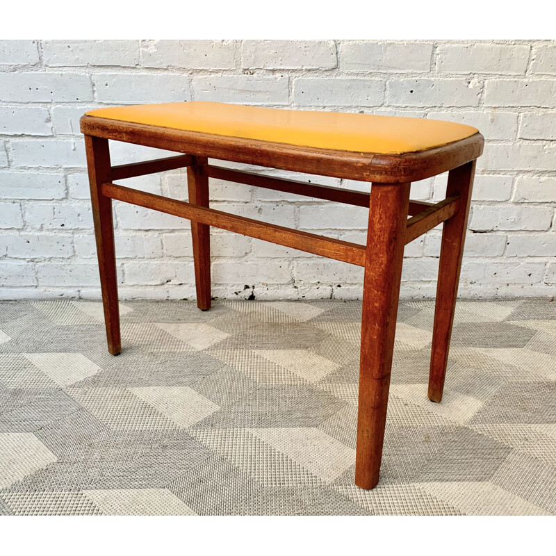 Vintage Wooden Stool Yellow Vinyl