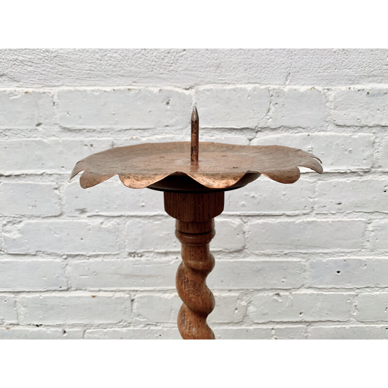 Large Vintage Floor Candlestick Wooden Copper