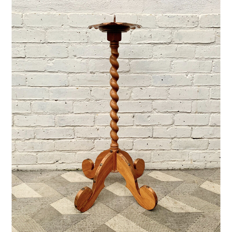 Large Vintage Floor Candlestick Wooden Copper