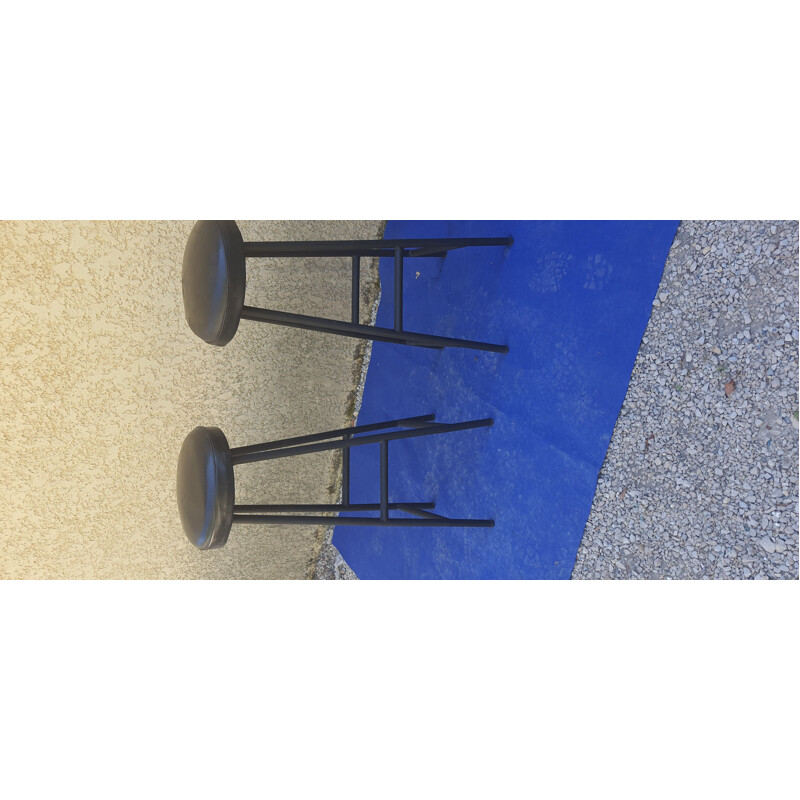 Pair of vintage bar stools with black iron legs, Skai seats