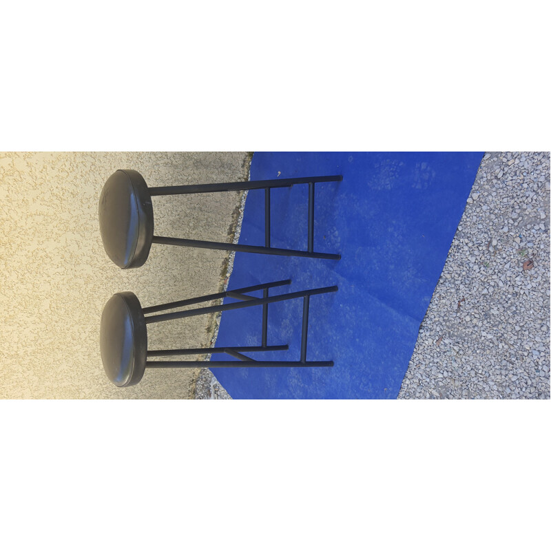 Pair of vintage bar stools with black iron legs, Skai seats