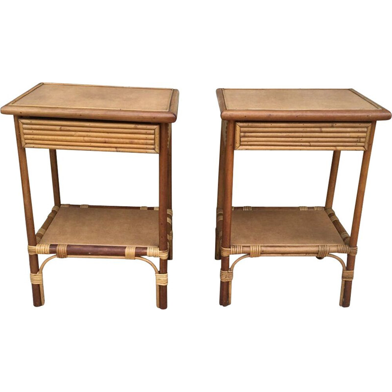 Pair of vintage bamboo bedside tables 1960