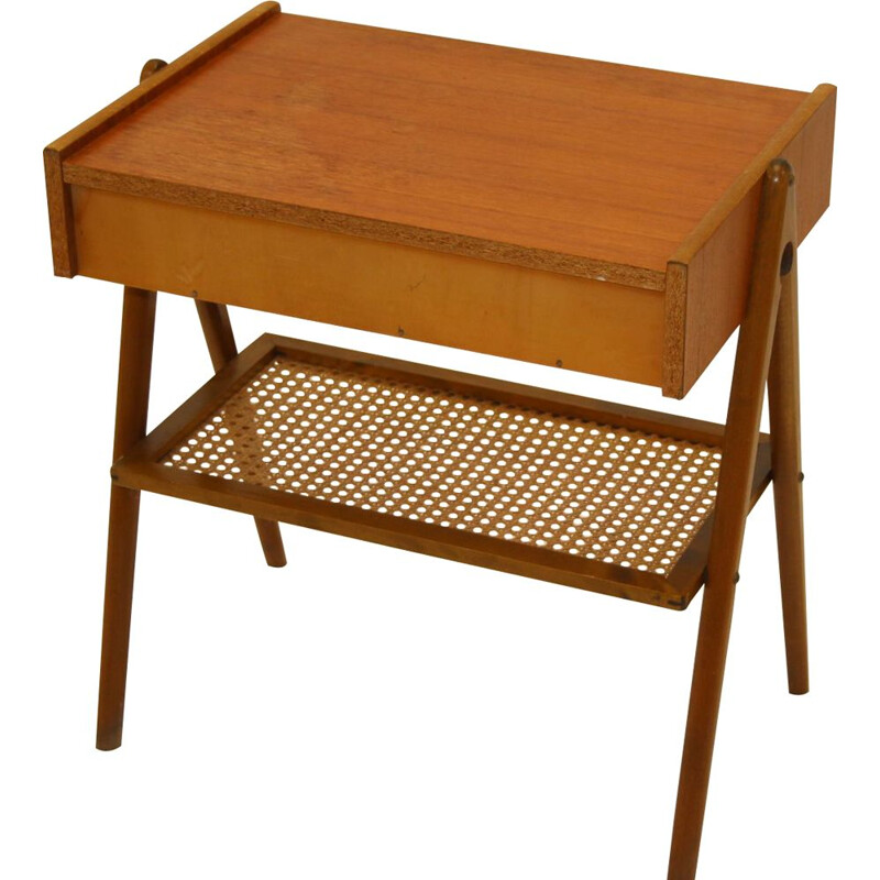 Table de nuit vintage en teck avec rotin scandinave