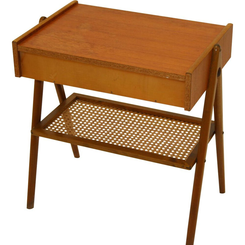 Vintage teak bedside table with rattan Scandinavian