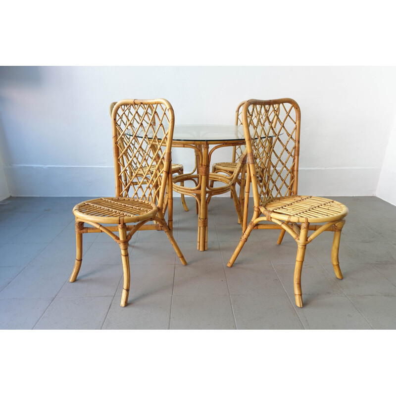 Service de salle à manger vintage  table et 4 chaises en bambou 1960