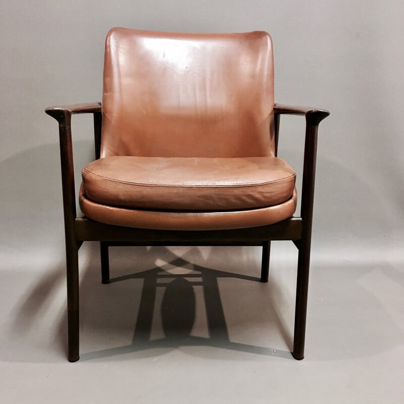 Vintage leather armchair Kofod Larsen scandinavian 1950