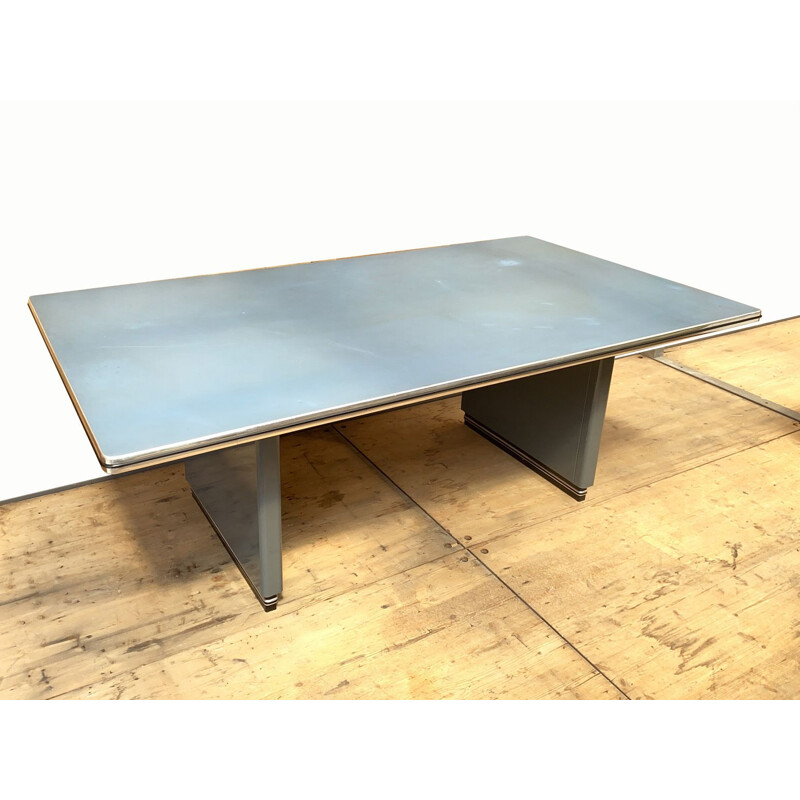 Table d'écriture vintage, bureau en métal et linoléum, bleu-gris, Müller Möbelfabrikation 1990