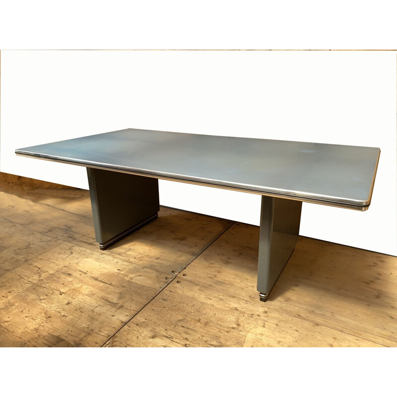 Vintage Writing Table, Desk Metal and Linoleum, blue-gray, Müller Möbelfabrikation, 1990s