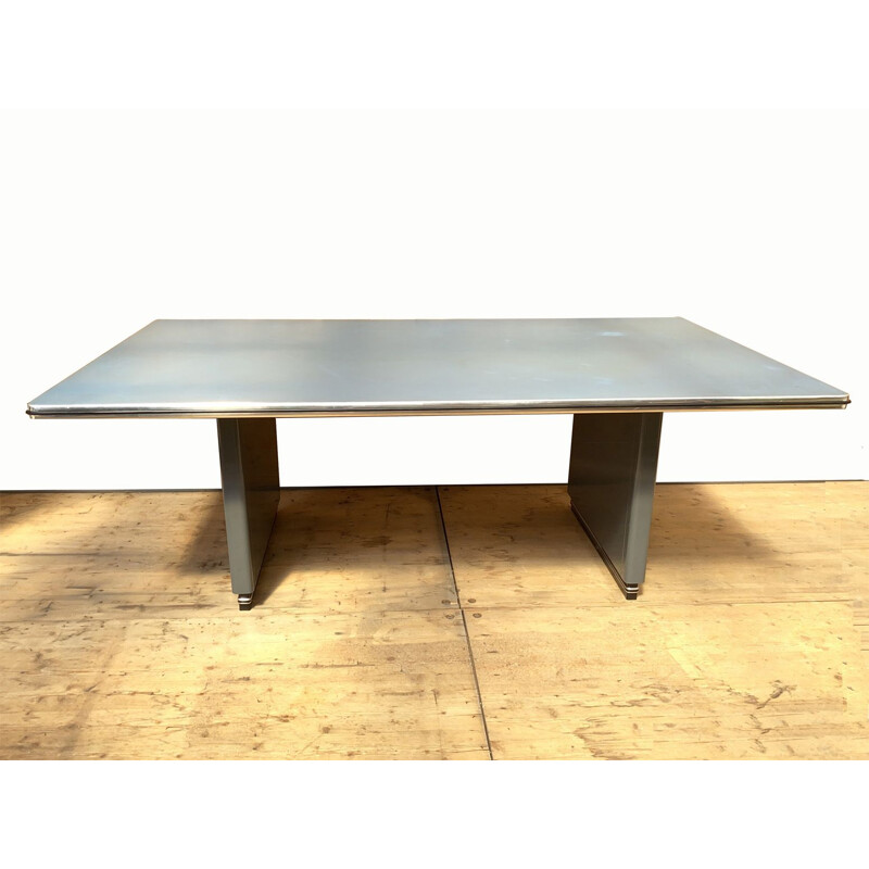 Vintage Writing Table, Desk Metal and Linoleum, blue-gray, Müller Möbelfabrikation, 1990s