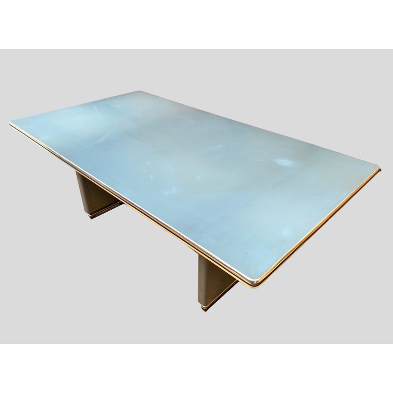 Vintage Writing Table, Desk Metal and Linoleum, blue-gray, Müller Möbelfabrikation, 1990s