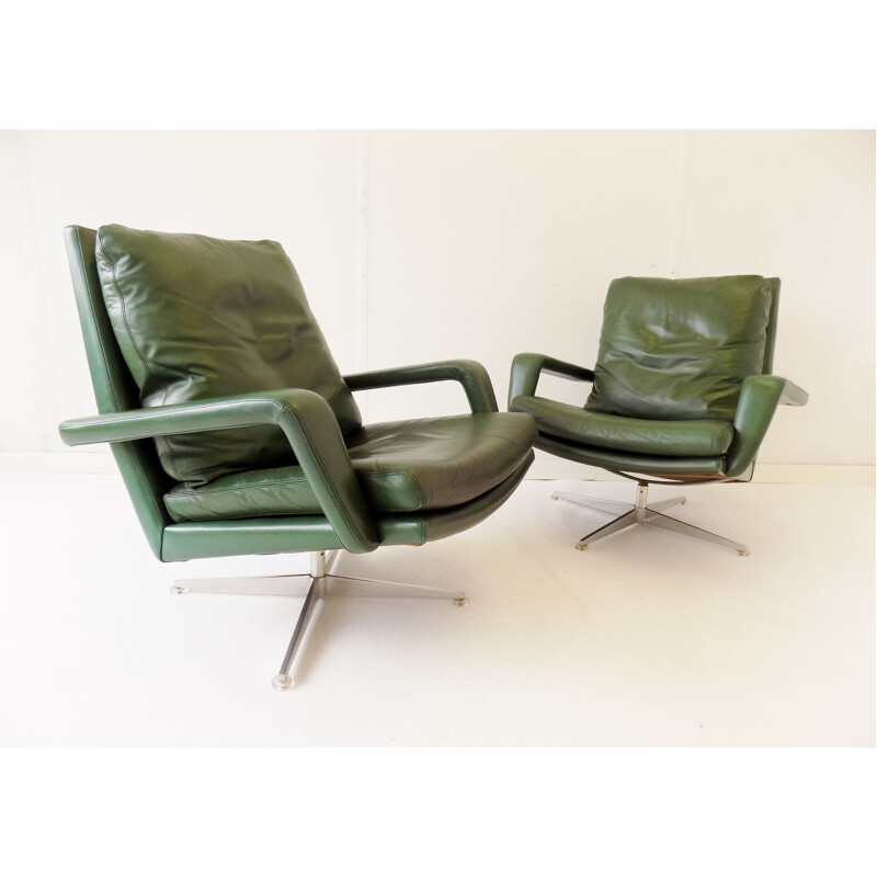 Pair of vintage green leather armchairs Hans Kaufeld 1960s 