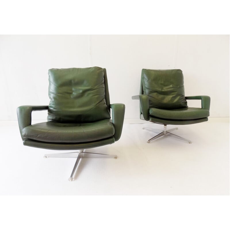 Pair of vintage green leather armchairs Hans Kaufeld 1960s 