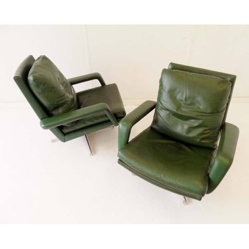 Pair of vintage green leather armchairs Hans Kaufeld 1960s 