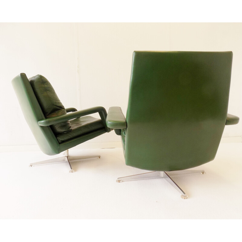 Pair of vintage green leather armchairs Hans Kaufeld 1960s 