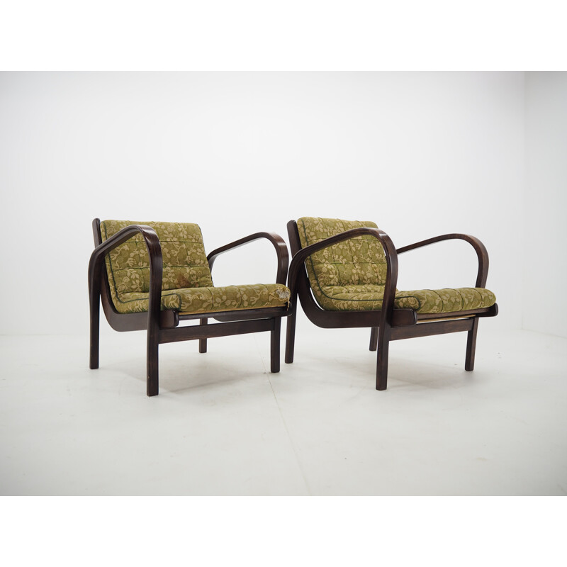 Pareja de sillones vintage de madera y tela de Kropáček, Checoslovaquia 1950