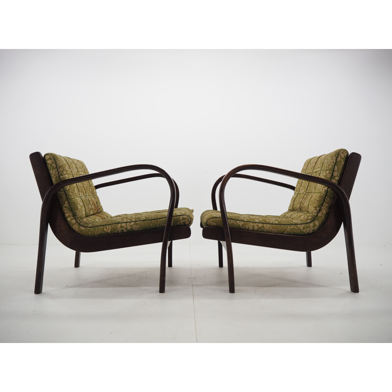 Pair of vintage wood and fabric armchairs by Kropáček, Czechoslovakia 1950