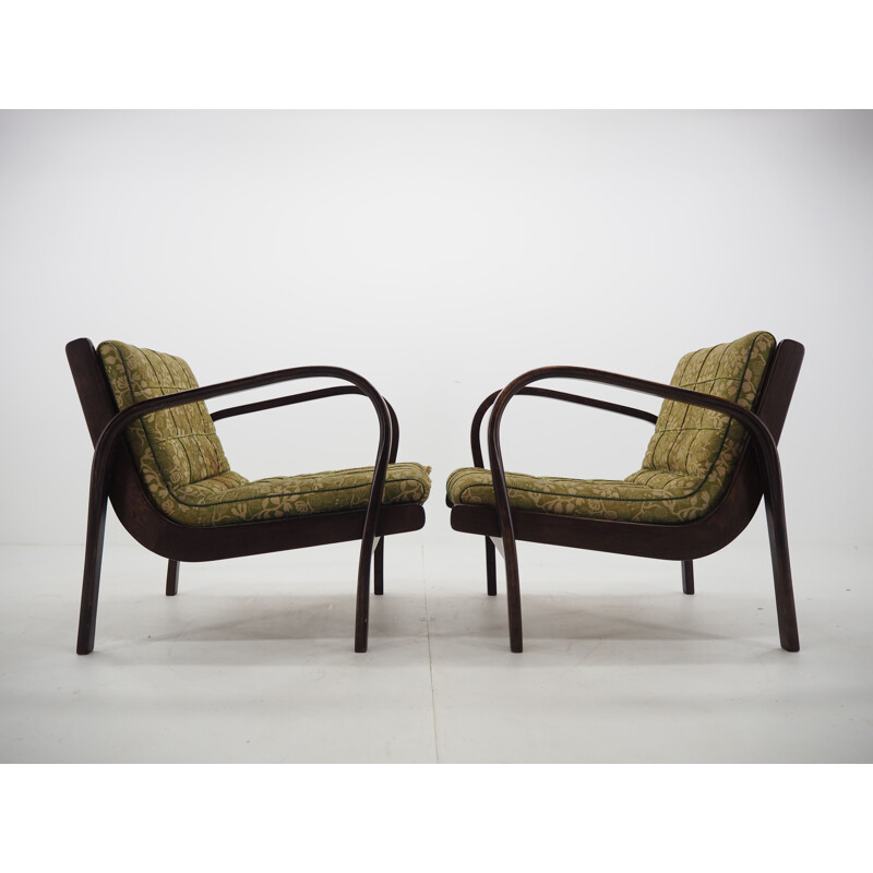 Pareja de sillones vintage de madera y tela de Kropáček, Checoslovaquia 1950