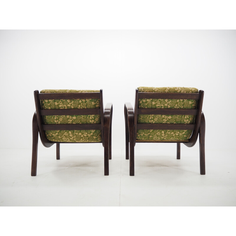 Pair of vintage wood and fabric armchairs by Kropáček, Czechoslovakia 1950