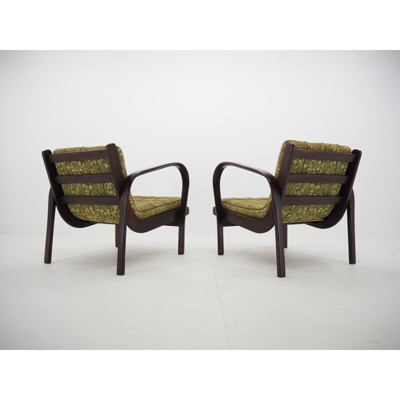 Pair of vintage wood and fabric armchairs by Kropáček, Czechoslovakia 1950