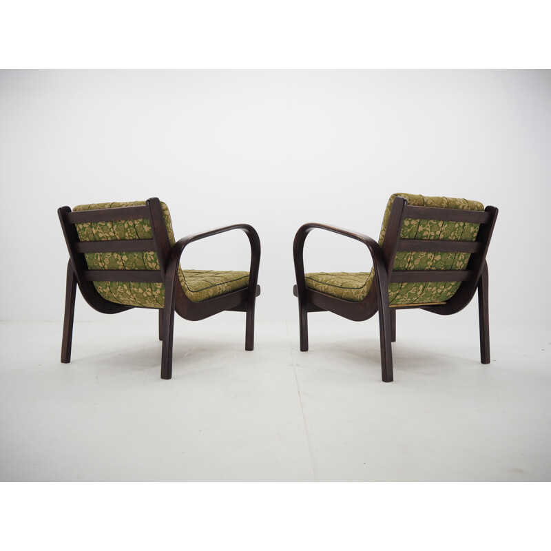 Pareja de sillones vintage de madera y tela de Kropáček, Checoslovaquia 1950