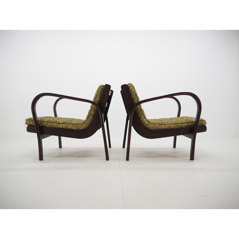 Paar vintage houten en stoffen fauteuils van Kropáček, Tsjechoslowakije 1950