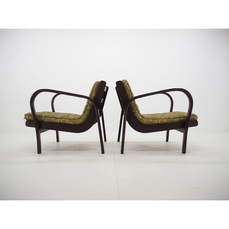 Pair of vintage wood and fabric armchairs by Kropáček, Czechoslovakia 1950