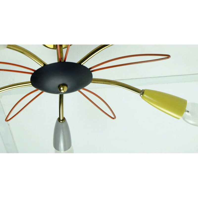 Mid century sputnik spider 5-light  chandelier brass metal plastic mid century stilnovo 1950s