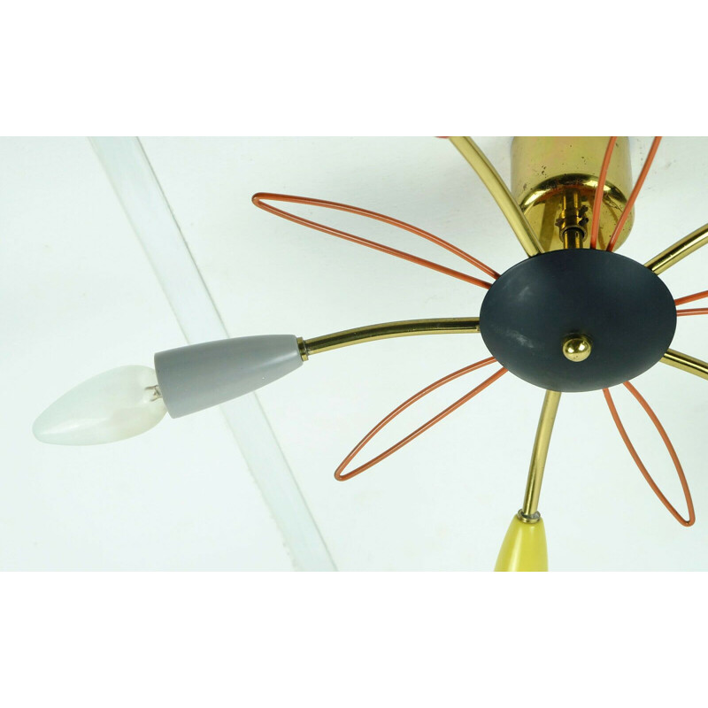 Mid century sputnik spider 5-light  chandelier brass metal plastic mid century stilnovo 1950s