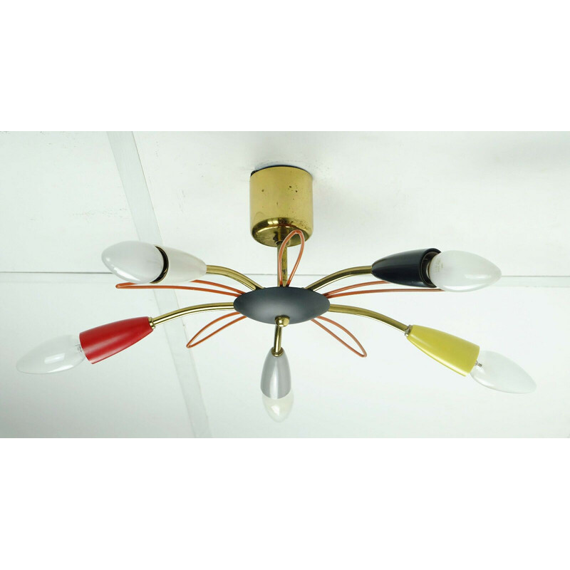 Mid century sputnik spider 5-light  chandelier brass metal plastic mid century stilnovo 1950s