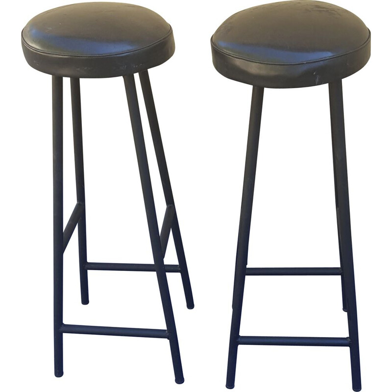 Pair of vintage bar stools with black iron legs, Skai seats