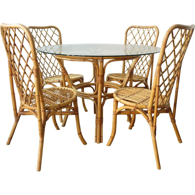 Mid-century Bamboo Dining Set, Table and 4 chairs, 1960s