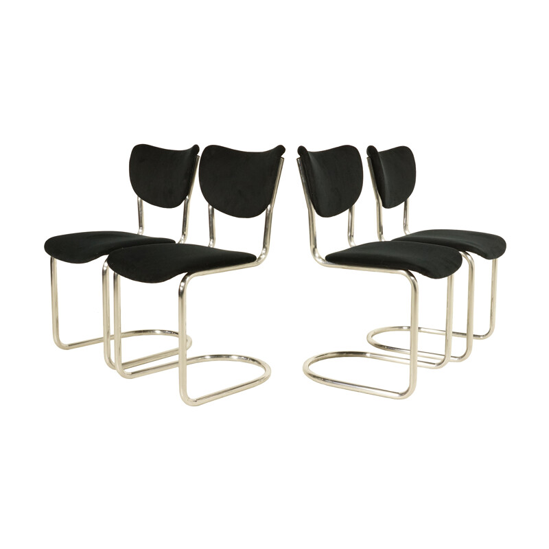 Ensemble de 4 chaises à repas De Wit en velours côtelé noir - 1950