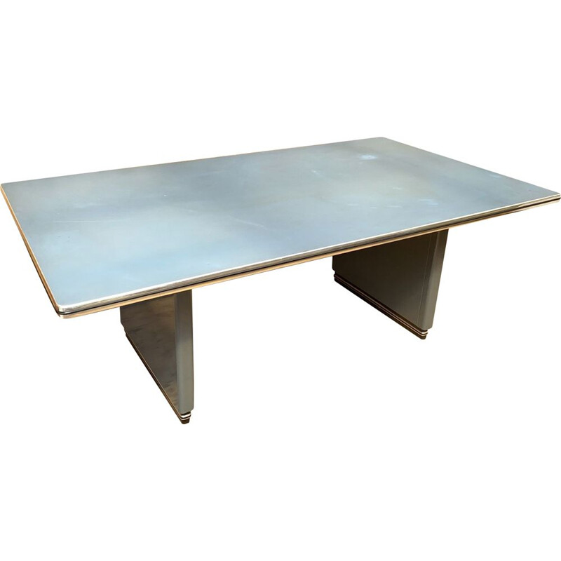Vintage Writing Table, Desk Metal and Linoleum, blue-gray, Müller Möbelfabrikation, 1990s