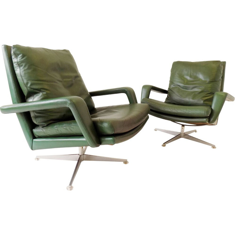 Pair of vintage green leather armchairs Hans Kaufeld 1960s 