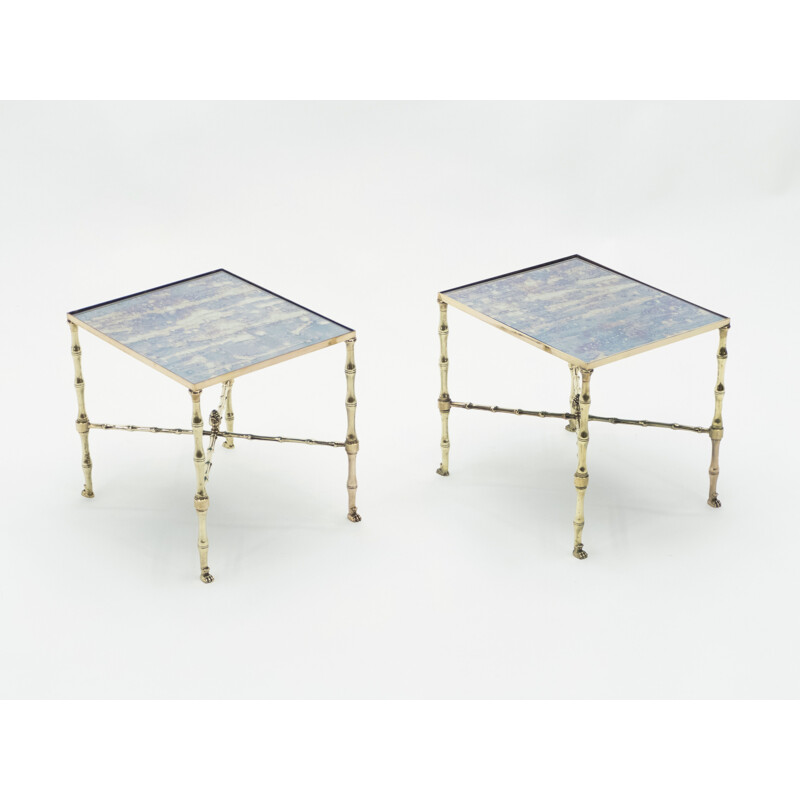 Paire de tables bouts canapé vintage en laiton et miroir de Maison Jansen, 1960