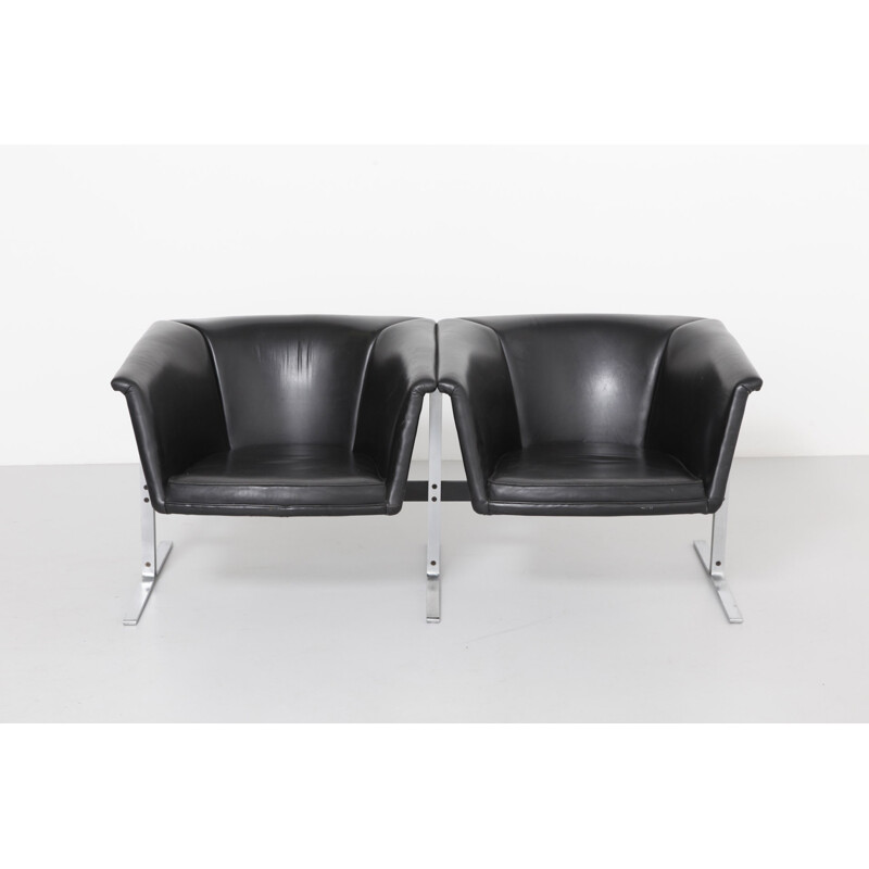 Artifort bench in black leather and steel, Geoffrey HARCOURT - 1960s