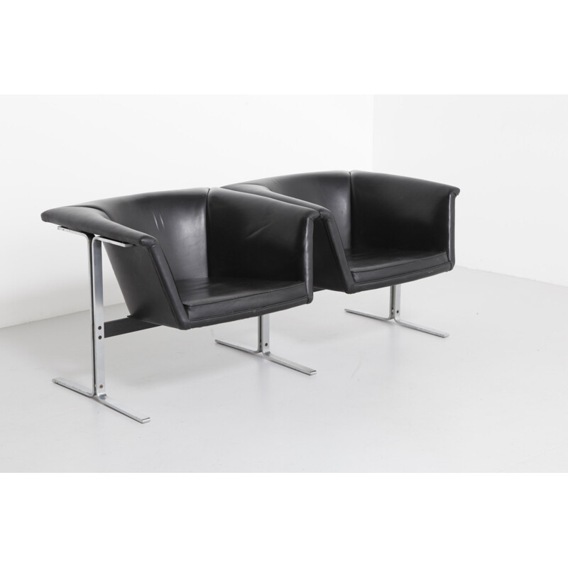 Artifort bench in black leather and steel, Geoffrey HARCOURT - 1960s