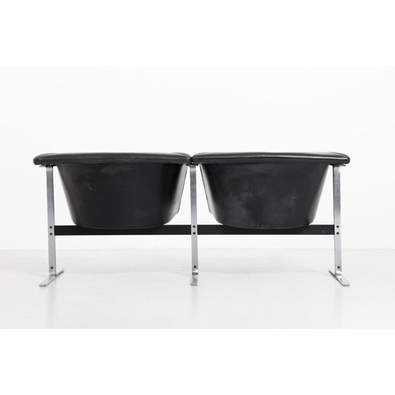 Artifort bench in black leather and steel, Geoffrey HARCOURT - 1960s