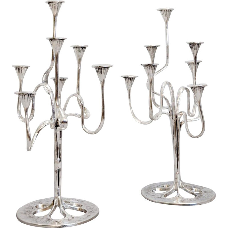 Pair Of 7 Vintage Silver Plated Branch Candle Holders By Giara- Italy