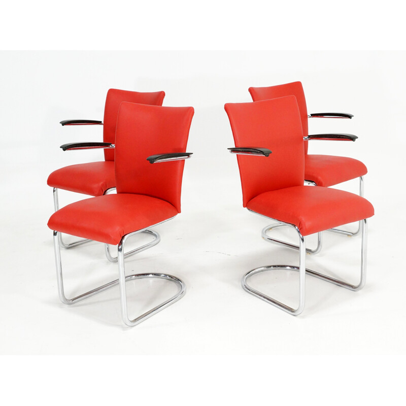 Set of 4 De Wit chairs with red leatherette - 1950s