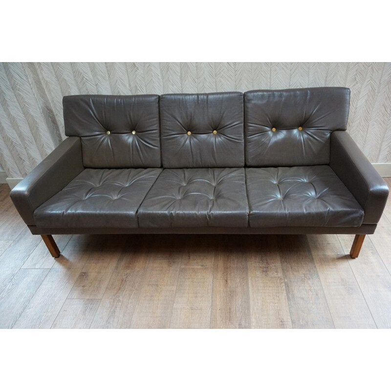 Vintage 3-Seater Leather Sofa with Gold Buttons, Scandinavian 1970 
