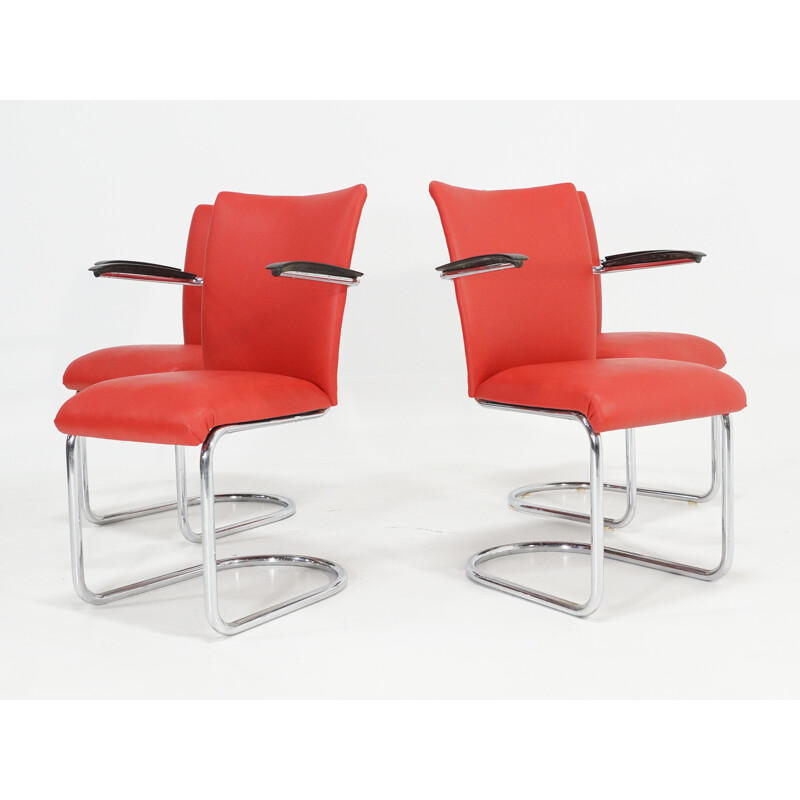 Ensemble de 4 chaises De Wit avec simili cuir rouge - 1950