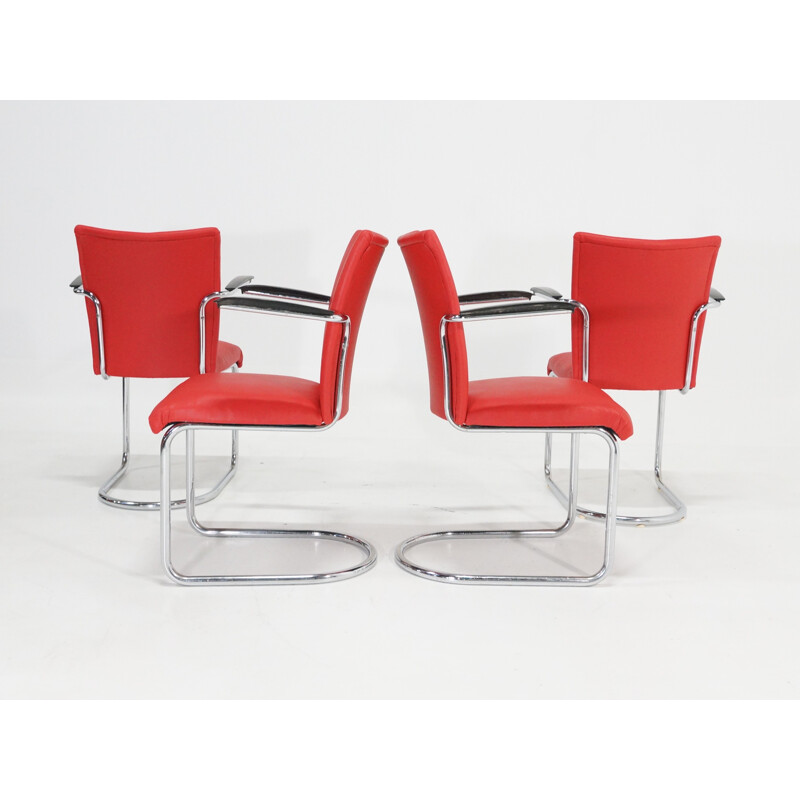 Set of 4 De Wit chairs with red leatherette - 1950s