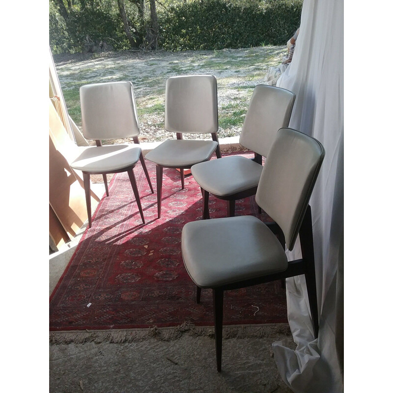 4 vintage stoelen in lichtgrijs Skaï
